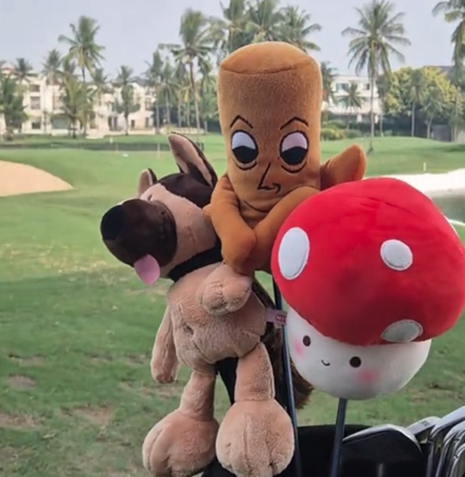 Shepherd dog, wooden character and mushroom plush golf headcovers